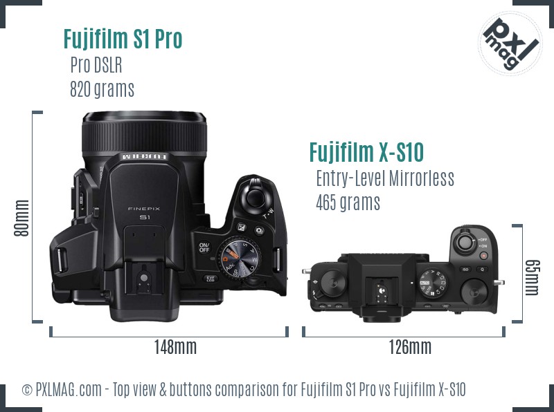 Fujifilm S1 Pro vs Fujifilm X-S10 top view buttons comparison