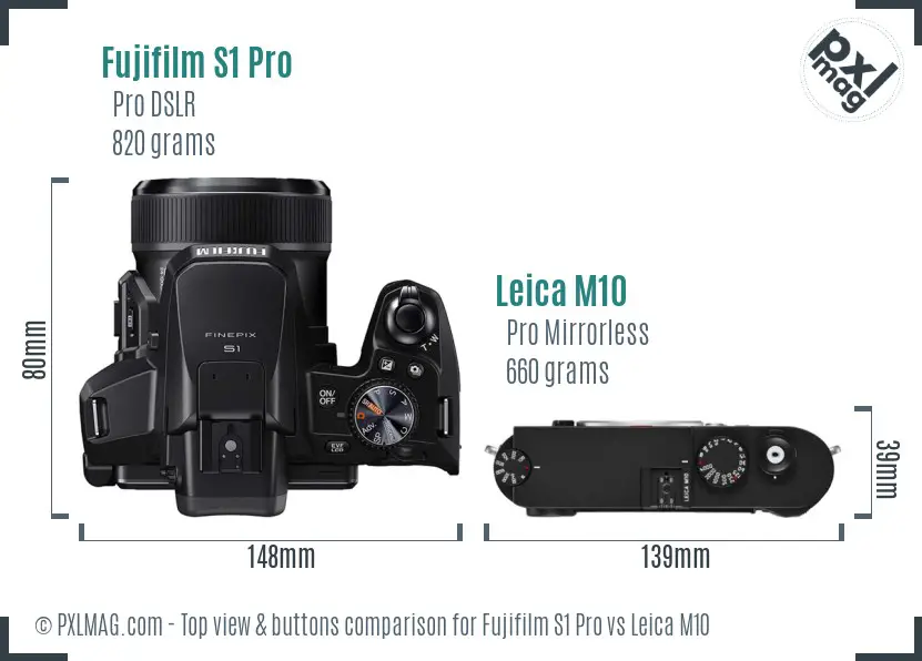 Fujifilm S1 Pro vs Leica M10 top view buttons comparison