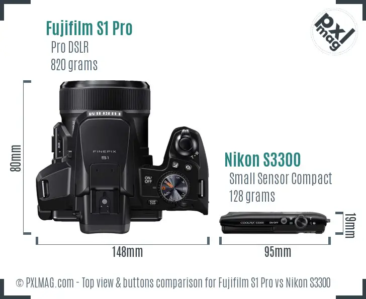 Fujifilm S1 Pro vs Nikon S3300 top view buttons comparison