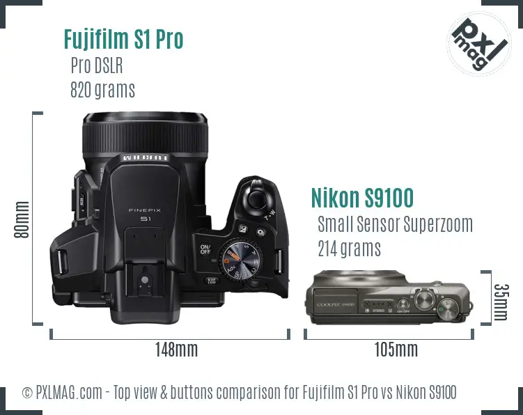 Fujifilm S1 Pro vs Nikon S9100 top view buttons comparison