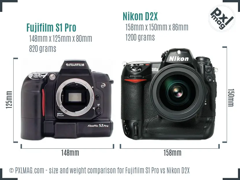 Fujifilm S1 Pro vs Nikon D2X size comparison