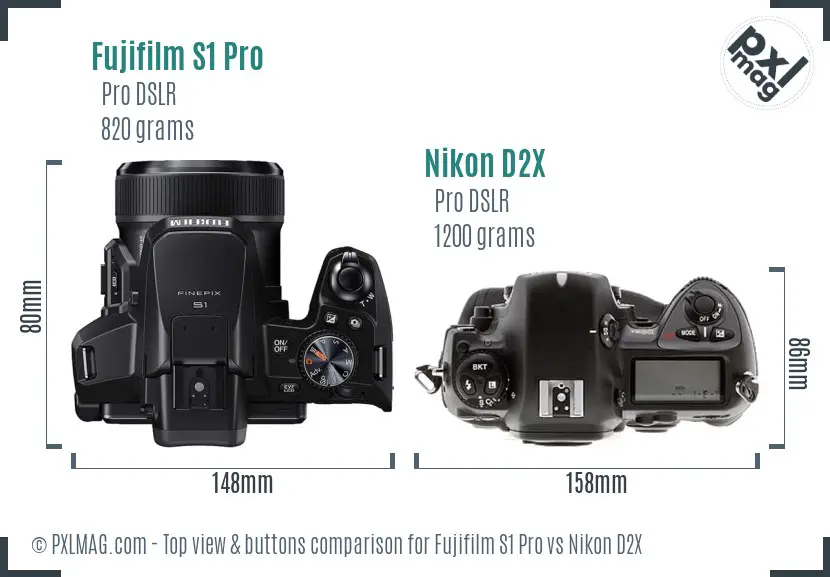 Fujifilm S1 Pro vs Nikon D2X top view buttons comparison