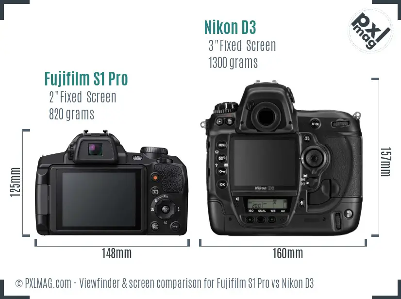 Fujifilm S1 Pro vs Nikon D3 Screen and Viewfinder comparison