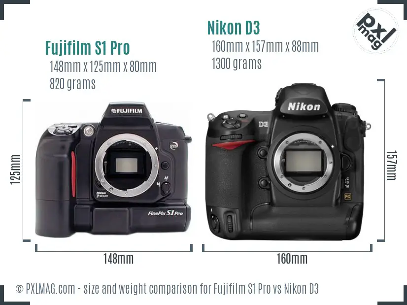 Fujifilm S1 Pro vs Nikon D3 size comparison
