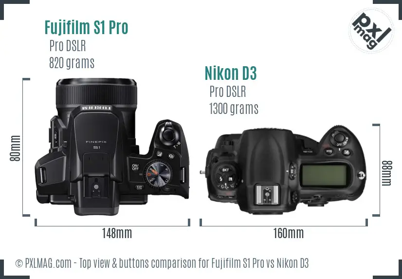 Fujifilm S1 Pro vs Nikon D3 top view buttons comparison