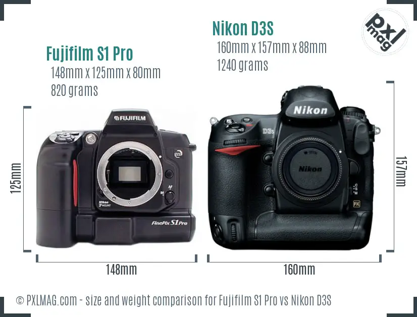 Fujifilm S1 Pro vs Nikon D3S size comparison