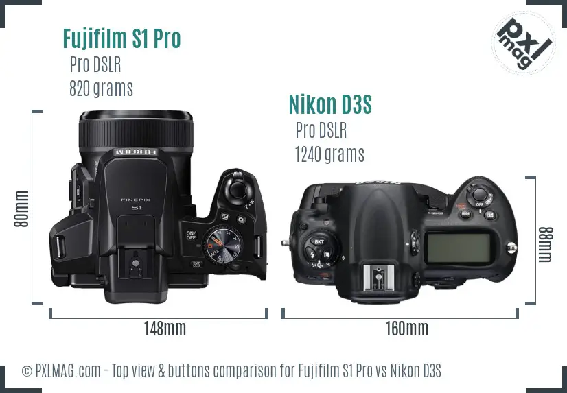 Fujifilm S1 Pro vs Nikon D3S top view buttons comparison