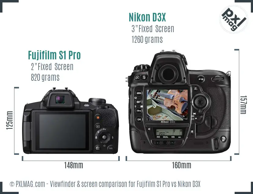 Fujifilm S1 Pro vs Nikon D3X Screen and Viewfinder comparison