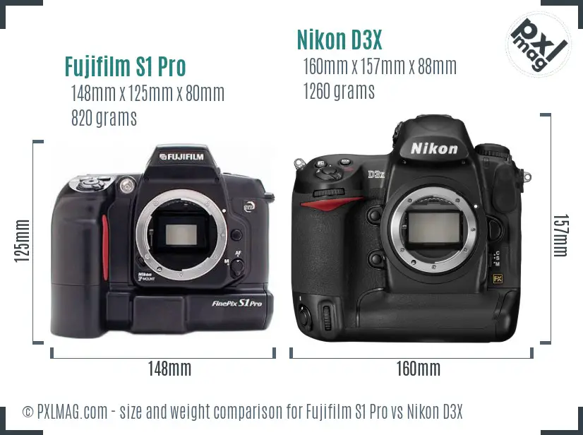 Fujifilm S1 Pro vs Nikon D3X size comparison