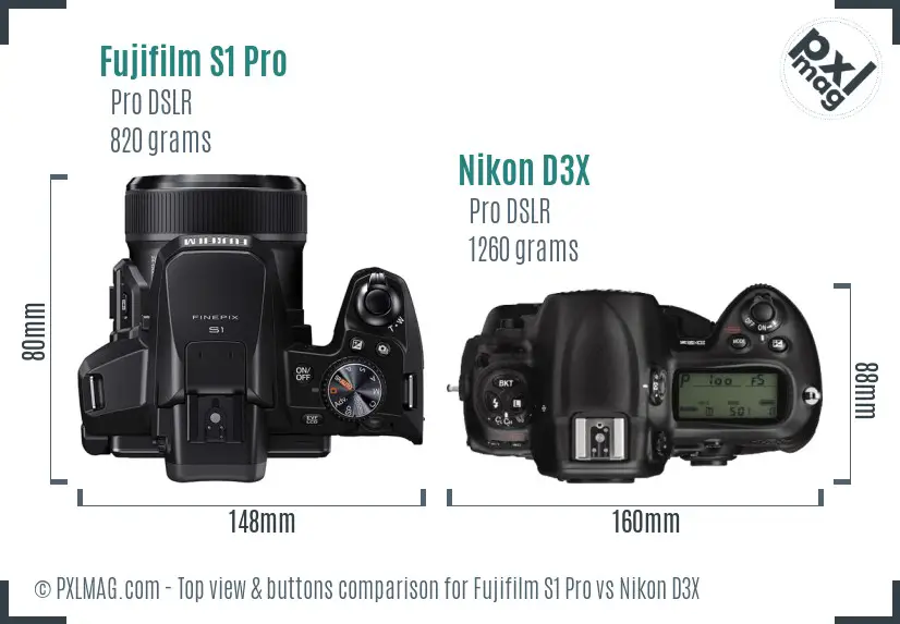 Fujifilm S1 Pro vs Nikon D3X top view buttons comparison