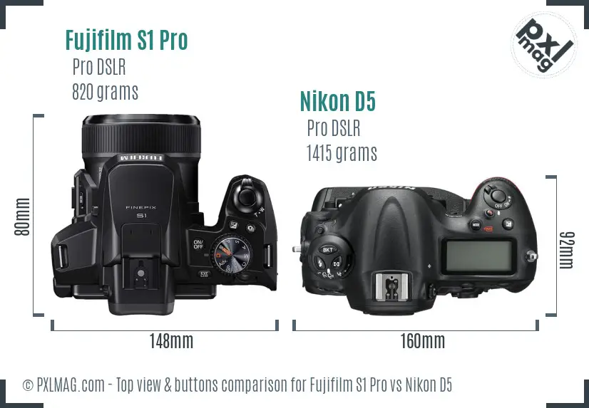 Fujifilm S1 Pro vs Nikon D5 top view buttons comparison