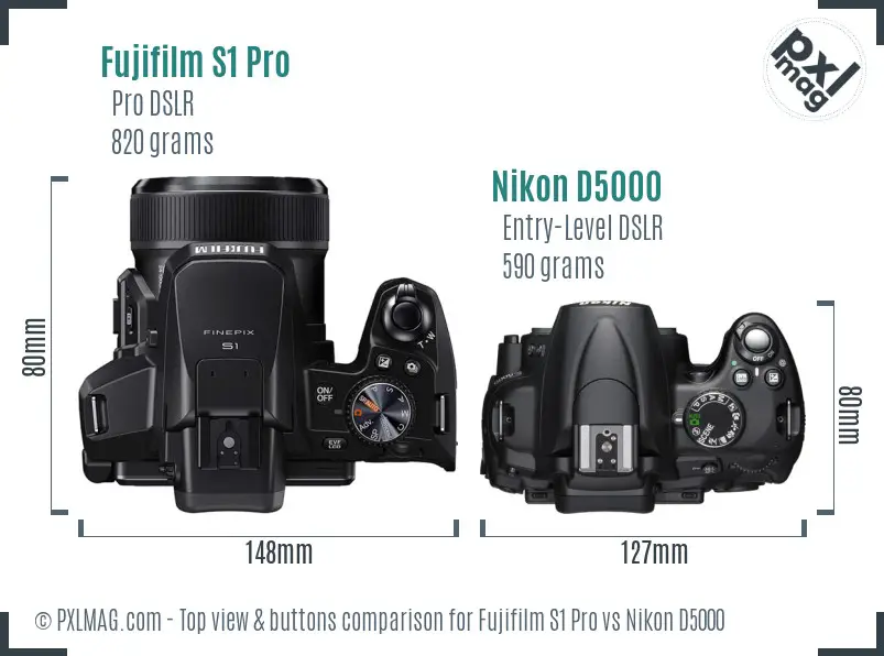Fujifilm S1 Pro vs Nikon D5000 top view buttons comparison