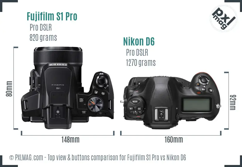 Fujifilm S1 Pro vs Nikon D6 top view buttons comparison