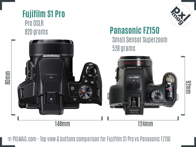 Fujifilm S1 Pro vs Panasonic FZ150 top view buttons comparison
