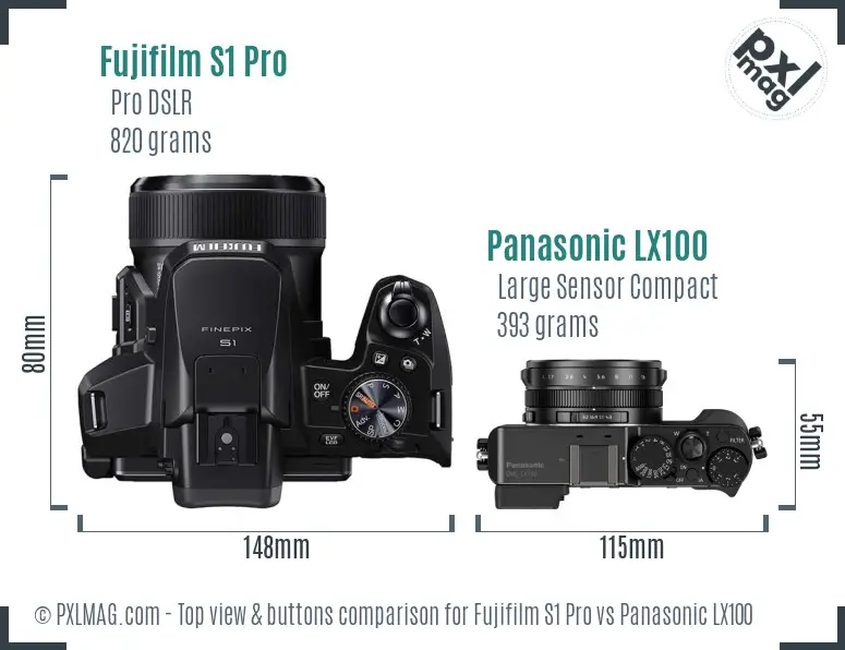 Fujifilm S1 Pro vs Panasonic LX100 top view buttons comparison