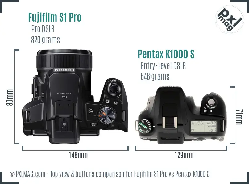 Fujifilm S1 Pro vs Pentax K100D S top view buttons comparison