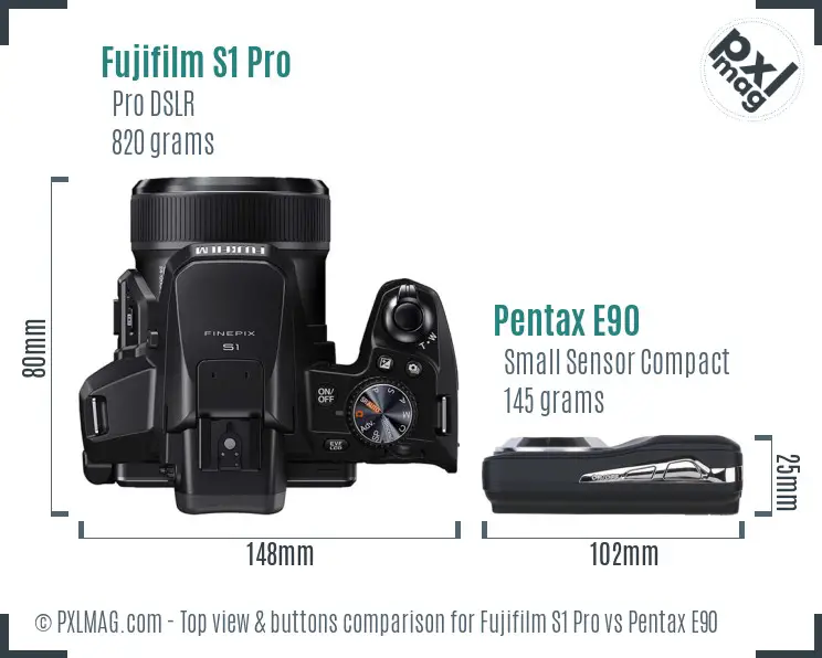 Fujifilm S1 Pro vs Pentax E90 top view buttons comparison