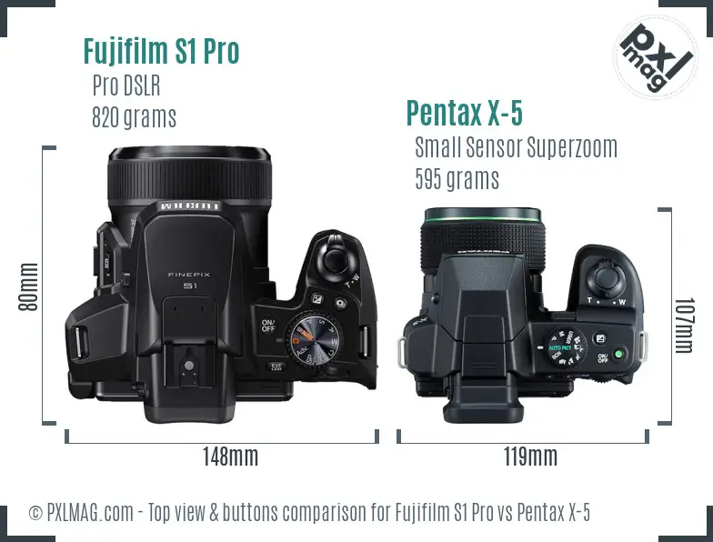 Fujifilm S1 Pro vs Pentax X-5 top view buttons comparison