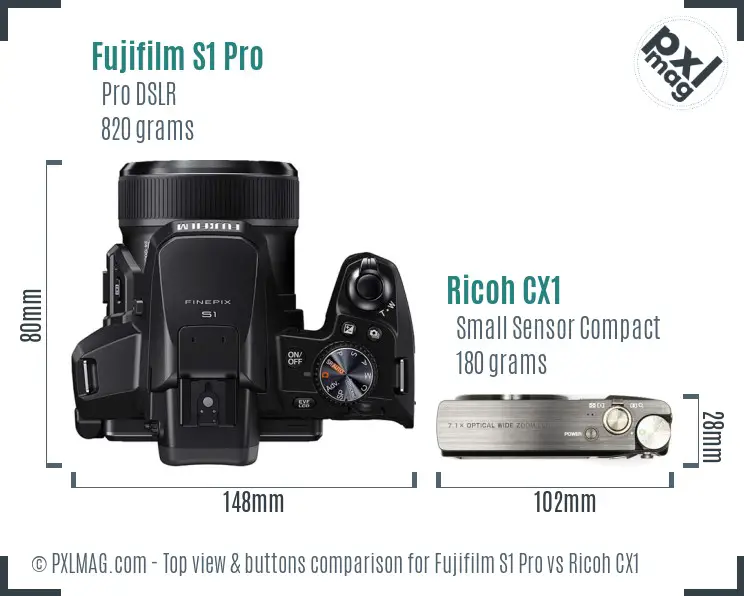 Fujifilm S1 Pro vs Ricoh CX1 top view buttons comparison