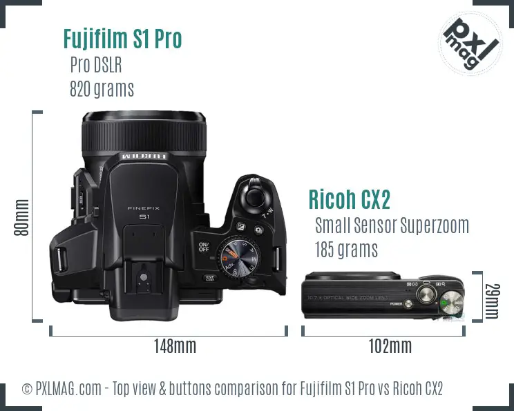 Fujifilm S1 Pro vs Ricoh CX2 top view buttons comparison