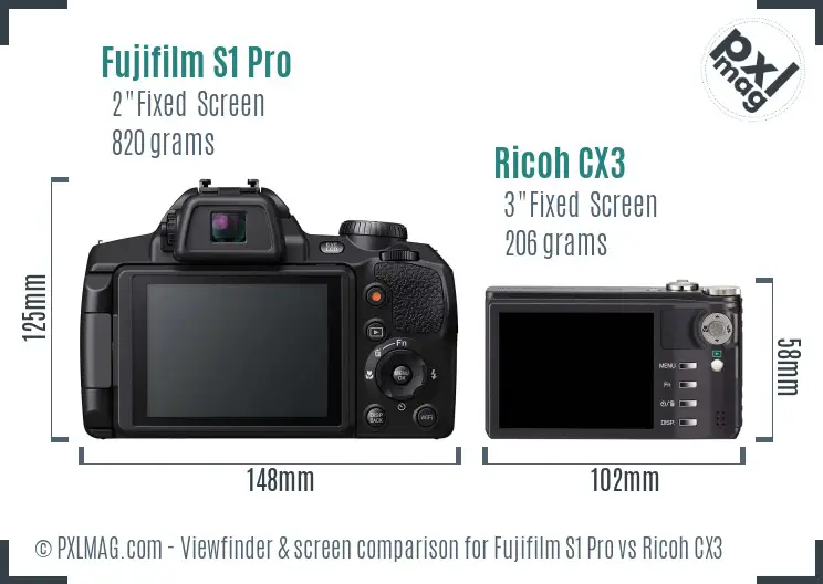 Fujifilm S1 Pro vs Ricoh CX3 Screen and Viewfinder comparison
