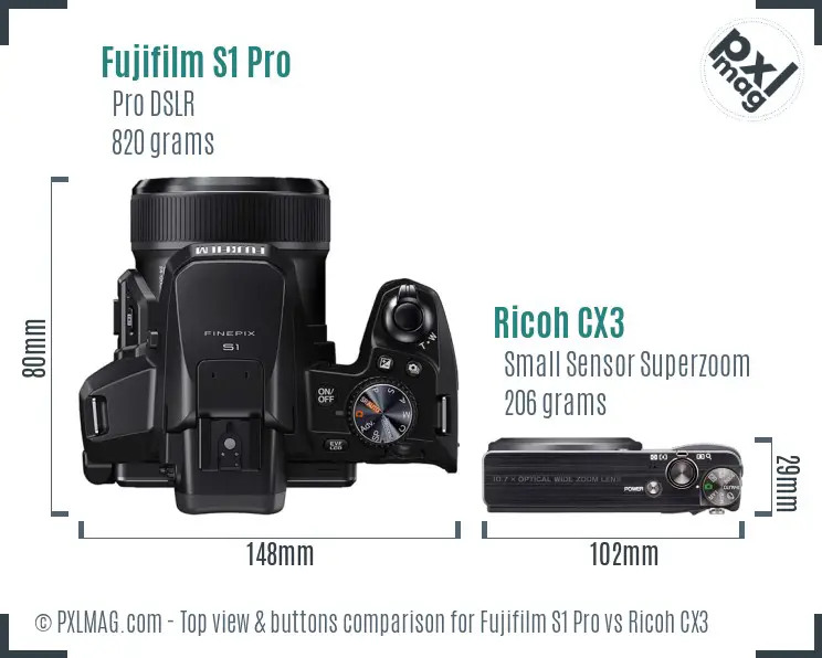 Fujifilm S1 Pro vs Ricoh CX3 top view buttons comparison