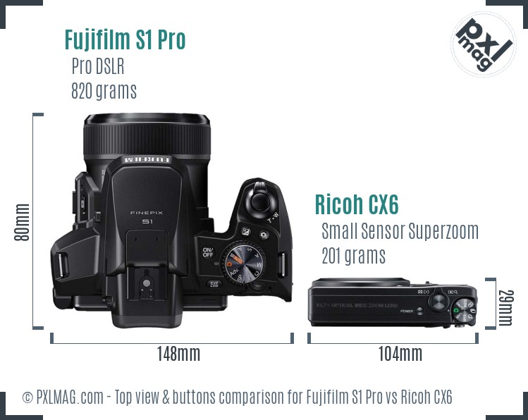 Fujifilm S1 Pro vs Ricoh CX6 top view buttons comparison