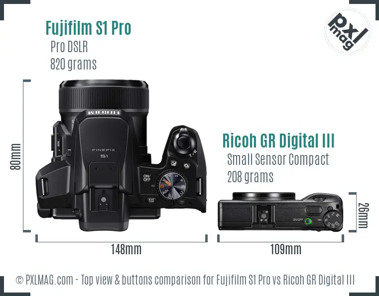 Fujifilm S1 Pro vs Ricoh GR Digital III top view buttons comparison