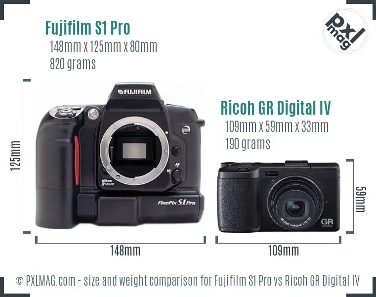 Fujifilm S1 Pro vs Ricoh GR Digital IV size comparison