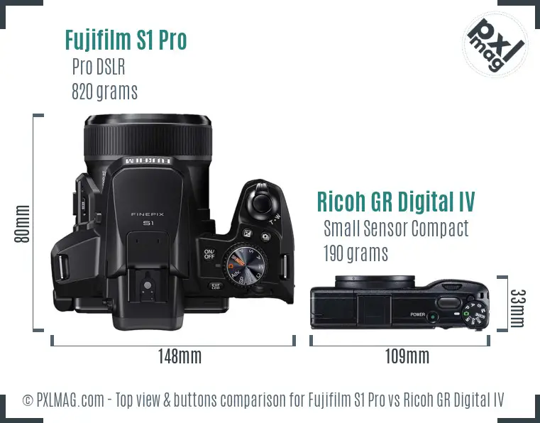 Fujifilm S1 Pro vs Ricoh GR Digital IV top view buttons comparison