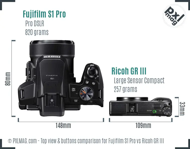 Fujifilm S1 Pro vs Ricoh GR III top view buttons comparison