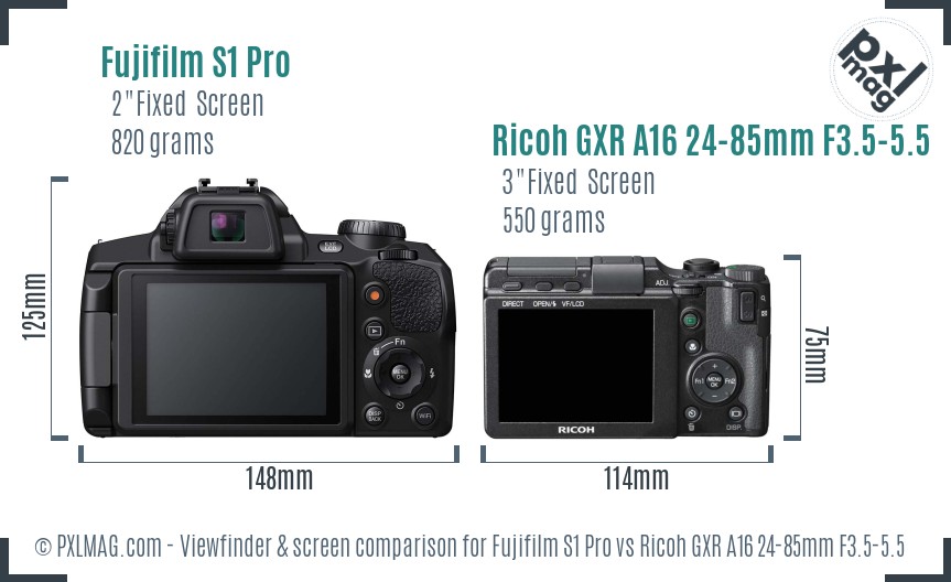 Fujifilm S1 Pro vs Ricoh GXR A16 24-85mm F3.5-5.5 Screen and Viewfinder comparison