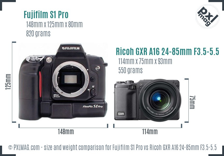Fujifilm S1 Pro vs Ricoh GXR A16 24-85mm F3.5-5.5 size comparison