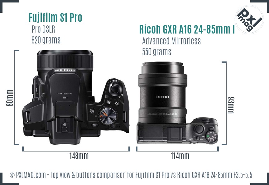 Fujifilm S1 Pro vs Ricoh GXR A16 24-85mm F3.5-5.5 top view buttons comparison