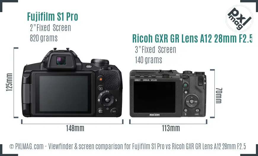 Fujifilm S1 Pro vs Ricoh GXR GR Lens A12 28mm F2.5 Screen and Viewfinder comparison