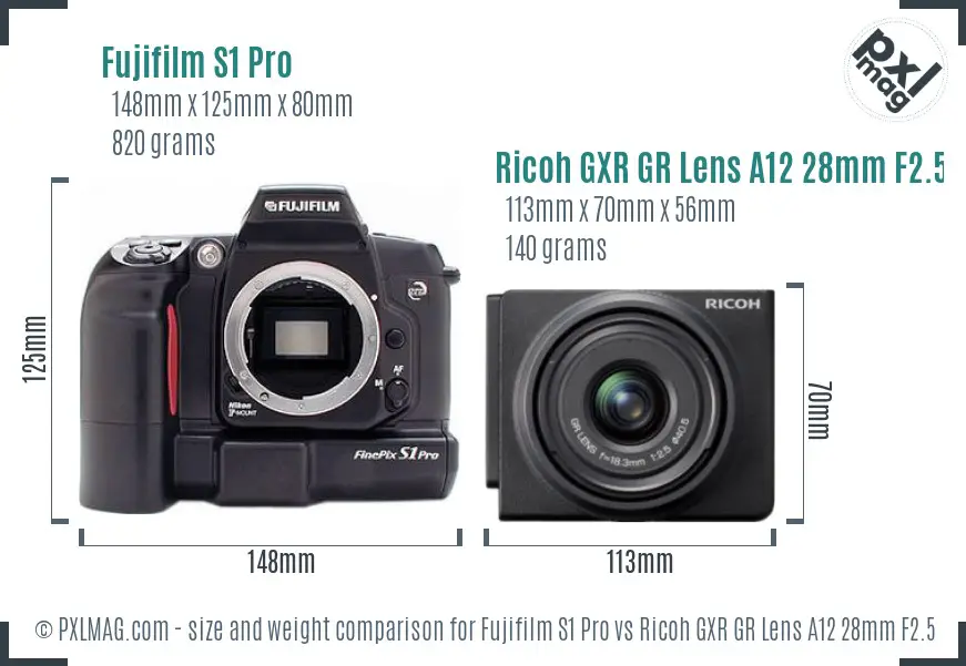 Fujifilm S1 Pro vs Ricoh GXR GR Lens A12 28mm F2.5 size comparison