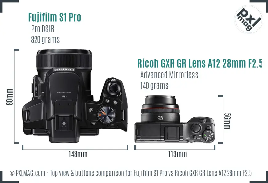 Fujifilm S1 Pro vs Ricoh GXR GR Lens A12 28mm F2.5 top view buttons comparison