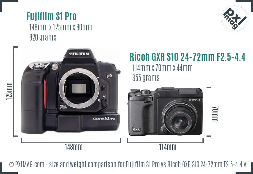 Fujifilm S1 Pro vs Ricoh GXR S10 24-72mm F2.5-4.4 VC size comparison Fujifilm S1 Pro vs Ricoh GXR S10 24-72mm F2.5-4.4 VC size comparison