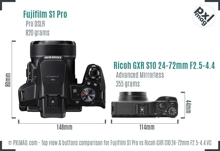 Fujifilm S1 Pro vs Ricoh GXR S10 24-72mm F2.5-4.4 VC top view buttons comparison