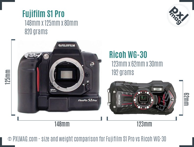 Fujifilm S1 Pro vs Ricoh WG-30 size comparison