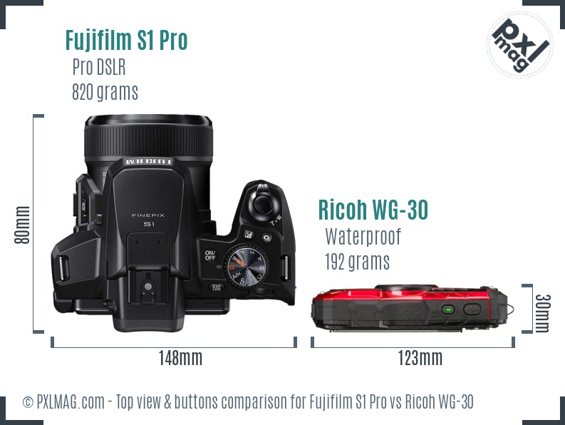 Fujifilm S1 Pro vs Ricoh WG-30 top view buttons comparison