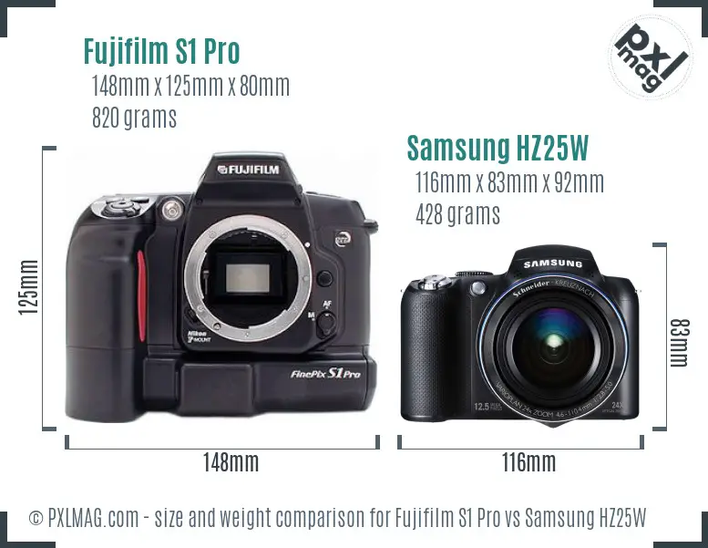 Fujifilm S1 Pro vs Samsung HZ25W size comparison