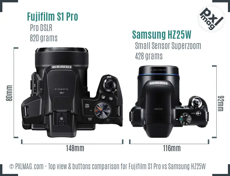 Fujifilm S1 Pro vs Samsung HZ25W top view buttons comparison