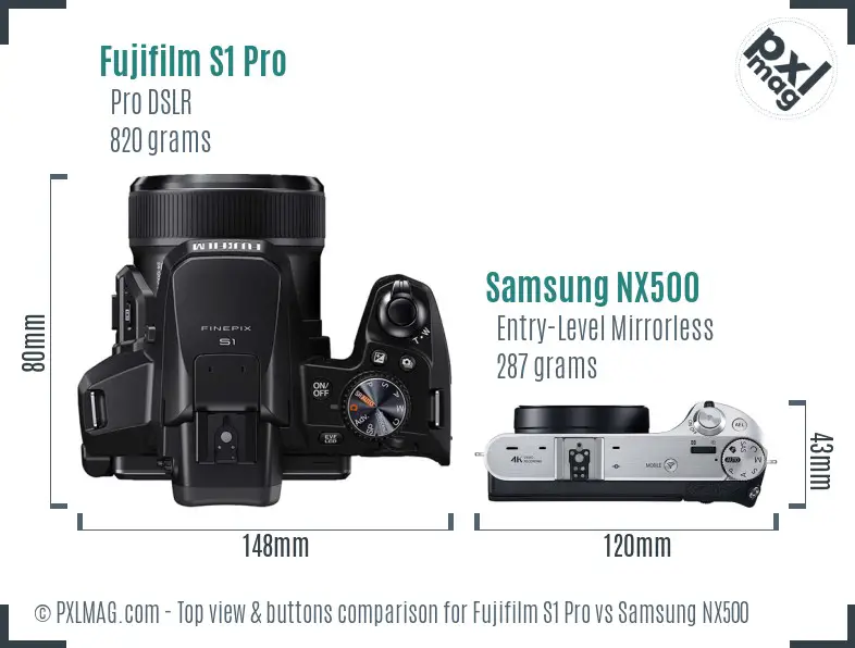 Fujifilm S1 Pro vs Samsung NX500 top view buttons comparison