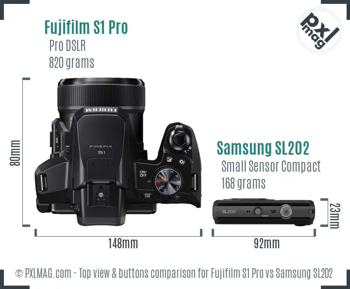 Fujifilm S1 Pro vs Samsung SL202 top view buttons comparison Fujifilm S1 Pro vs Samsung SL202 top view buttons comparison