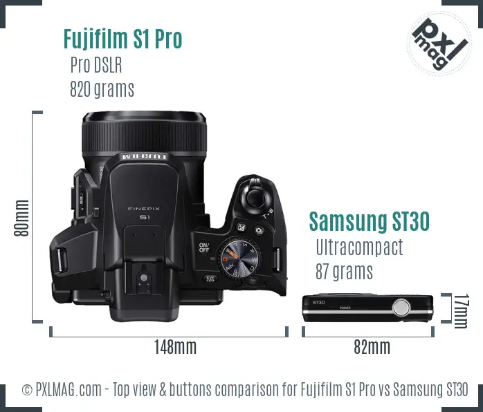 Fujifilm S1 Pro vs Samsung ST30 top view buttons comparison Fujifilm S1 Pro vs Samsung ST30 top view buttons comparison