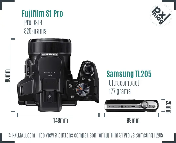 Fujifilm S1 Pro vs Samsung TL205 top view buttons comparison Fujifilm S1 Pro vs Samsung TL205 top view buttons comparison