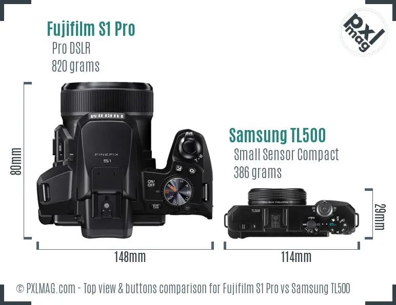 Fujifilm S1 Pro vs Samsung TL500 top view buttons comparison