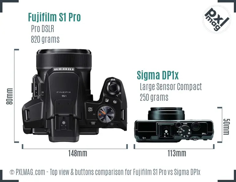 Fujifilm S1 Pro vs Sigma DP1x top view buttons comparison Fujifilm S1 Pro vs Sigma DP1x top view buttons comparison
