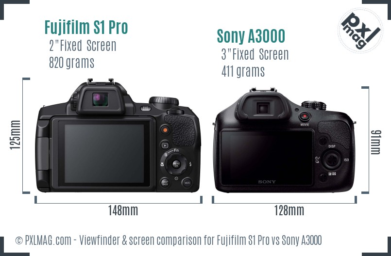 Fujifilm S1 Pro vs Sony A3000 Screen and Viewfinder comparison